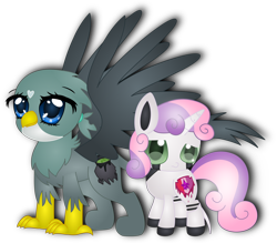 Size: 4534x3978 | Tagged: safe, artist:spophia, derpibooru import, gabby, sweetie belle, sweetie bot, griffon, pony, robot, robot pony, unicorn, cutie mark, fake cutie mark, female, filly, foal, hooves, horn, simple background, spread wings, the cmc's cutie marks, transparent background, wings