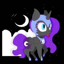 Size: 737x741 | Tagged: artist needed, safe, derpibooru import, nightmare moon, alicorn, pony, black background, chibi, helmet, moon, nightmare mlem, pixel art, raised hoof, silly, simple background, solo, tongue out