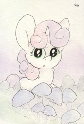 Size: 683x1007 | Tagged: safe, artist:slightlyshade, sweetie belle, mushroom, solo, traditional art