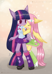 Size: 1075x1512 | Tagged: safe, artist:howxu, derpibooru import, fluttershy, twilight sparkle, anthro, blushing, boots, bowtie, clothes, colored pupils, cute, equestria girls outfit, eyes closed, female, floppy ears, high heel boots, leg warmers, lesbian, looking back, open mouth, pony ears, ponytail, shipping, shyabetes, skirt, tanktop, twishy, wings