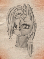 Size: 1500x1996 | Tagged: safe, artist:drafthoof, derpibooru import, oc, oc only, oc:oil drop, pony, bust, glasses, monochrome, portrait