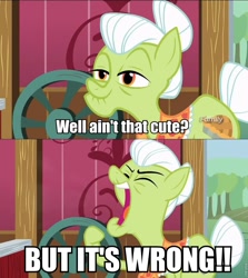 Size: 855x960 | Tagged: safe, derpibooru import, edit, edited screencap, screencap, granny smith, where the apple lies, discovery family logo, image macro, meme, mr. hollywood, screencap comic, solo, two stupid dogs