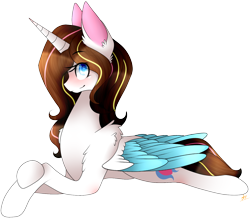 Size: 1514x1326 | Tagged: safe, artist:alithecat1989, oc, oc only, oc:skyla, alicorn, pony, alicorn oc, female, mare, multicolored hair, prone, simple background, solo, transparent background