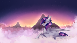 Size: 1920x1080 | Tagged: safe, artist:pinkxei, oc, oc only, oc:dusky, pegasus, pony, cloud, male, prone, scenery, solo, stallion, stars, sunrise