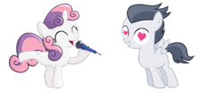 Size: 1722x708 | Tagged: safe, artist:jawsandgumballfan24, edit, rumble, sweetie belle, pony, colt, eyes closed, female, filly, heart, heart eyes, male, microphone, rumbelle, shipping, simple background, singing, smiling, straight, transparent background, vector, wingding eyes