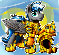 Size: 4526x4177 | Tagged: safe, artist:gray--day, oc, oc only, oc:cloud zapper, pegasus, pony, absurd resolution, armor, helmet, looking at you, signature