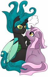 Size: 800x1280 | Tagged: safe, artist:jolliapplegirl, derpibooru import, oc, oc only, oc:sirius veil, oc:toxic love, changeling, pony, unicorn, blushing, cute, gay, interspecies offspring, magical lesbian spawn, male, next generation, offspring, parent:mane-iac, parent:princess celestia, parent:queen chrysalis, parent:twilight sparkle, shipping