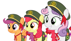 Size: 6000x3433 | Tagged: safe, artist:sketchmcreations, derpibooru import, apple bloom, scootaloo, sweetie belle, 28 pranks later, cute, cutie mark, cutie mark crusaders, filly guides, filly scouts, simple background, smiling, the cmc's cutie marks, transparent background, vector