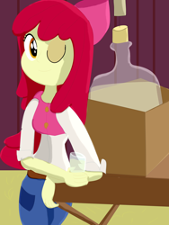 Size: 2700x3600 | Tagged: safe, artist:jongoji245, apple bloom, equestria girls, apple cider, bottle, bow, clothes, drink, hair bow, one eye closed, smiling, solo, wink