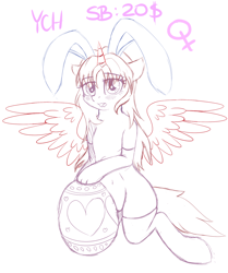 Size: 1460x1750 | Tagged: safe, artist:kamyk962, alicorn, pegasus, pony, unicorn, advertisement, background (optional), blushing, bunny ears, clothes, commission, cute, easter, easter egg, female, looking at you, mare, open mouth, socks, vector, wings, your character here