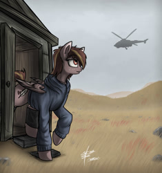 Size: 1280x1359 | Tagged: dead source, safe, artist:slawomiro, derpibooru import, oc, oc only, clothes, freckles, helicopter, raised hoof, shed, solo