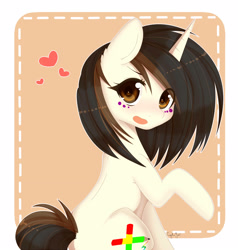 Size: 2989x3146 | Tagged: safe, artist:togeticisa, oc, oc only, pony, unicorn, cute, female, heart, looking at you, open mouth, raised hoof, solo