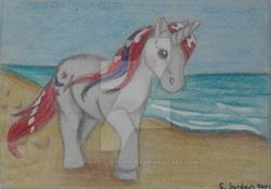 Size: 600x417 | Tagged: safe, artist:spiritedlittlepony, moondancer (g1), g1, beach, deviantart watermark, obtrusive watermark, solo, traditional art, watermark