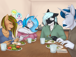 Size: 4000x3000 | Tagged: safe, artist:askbubblelee, oc, oc only, oc:bubble lee, oc:imago, oc:kiwi breeze, oc:mako, oc:silver lining, anthro, cat, earth pony, hybrid, orca pony, original species, pegasus, unicorn, anthro oc, awkward smile, body freckles, clothes, dinner, embarrassed, family, father and child, father and daughter, female, food, freckles, makolee, male, mare, mother and child, mother and daughter, oc x oc, parent and child, shipping, stallion, story in the source, story included, table