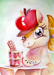 Size: 1922x2666 | Tagged: safe, artist:vindhov, derpibooru import, oc, oc only, oc:honeycrisp, apple, apple slice, food, hat, offspring, parent:big macintosh, parent:cheerilee, parents:cheerimac, parfait, solo, traditional art