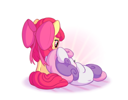 Size: 1400x1100 | Tagged: safe, artist:bobdude0, apple bloom, sweetie belle, earth pony, pony, unicorn, adorabloom, cuddling, cute, diasweetes, duo, female, filly, resting, snuggling