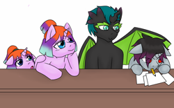 Size: 1280x800 | Tagged: safe, artist:jolliapplegirl, derpibooru import, oc, oc only, oc:illusive spark, oc:olive branch, oc:stardust, oc:sun flare, changeling, dracony, dragon, hybrid, pony, unicorn, blushing, changeling oc, classroom, interspecies offspring, magical gay spawn, next generation, offspring, parent:amber leaf, parent:golden laurel, parent:king sombra, parent:spike, parent:starlight glimmer, parent:sunburst, parent:thorax, parents:starburst, parents:thoraxspike