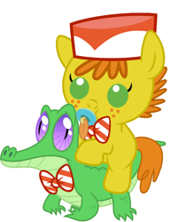 Size: 786x1017 | Tagged: safe, artist:red4567, derpibooru import, carrot cake, gummy, pony, baby, baby pony, cute, pacifier, ponies riding gators, riding, weapons-grade cute