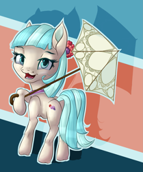 Size: 2009x2406 | Tagged: safe, artist:itresad, derpibooru import, coco pommel, :3, anatomically incorrect, cleft lip, dog lip, faic, incorrect leg anatomy, looking back, plot, smiling, solo, umbrella