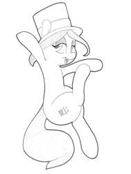 Size: 1155x1529 | Tagged: safe, artist:zacharyisaacs, derpibooru import, oc, oc only, oc:hattsy, earth pony, pony, hat, lidded eyes, monochrome, open mouth, solo, top hat