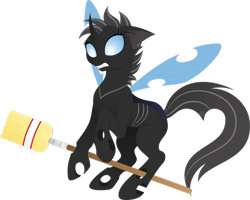 Size: 1280x1025 | Tagged: safe, artist:gracewolf, oc, oc only, oc:crucible, changeling, broom, changeling oc, simple background, solo, transparent background