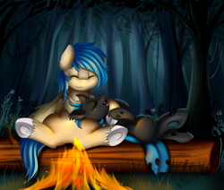 Size: 2670x2262 | Tagged: safe, artist:pridark, oc, oc only, changeling, earth pony, pony, blue changeling, campfire, changeling oc, commission, eyes closed, fire, forest, log, open mouth, scenery, sleeping, underhoof