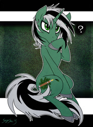Size: 800x1087 | Tagged: safe, artist:serge-stiles, oc, oc only, oc:scribbles, pony, unicorn, cloven hooves, question mark, solo