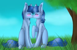 Size: 1748x1152 | Tagged: safe, artist:viljulie, oc, oc only, oc:raylanda, earth pony, pony, blushing, cute, ear fluff, female, kissing, lesbian, looking at each other, raised hoof, self ponidox, selfcest, shipping, sitting