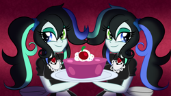 Size: 900x505 | Tagged: safe, artist:wubcakeva, oc, oc only, oc:lefty, oc:righty, equestria girls, cake, clothes, dessert, equestria girls-ified, food, maid, plate, twins