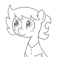 Size: 640x600 | Tagged: safe, artist:ficficponyfic, derpibooru import, oc, oc only, oc:ruby rouge, earth pony, pony, blushing, child, clothes, colt quest, cute, female, filly, foal, monochrome, smiling, solo focus, story included, tomboy