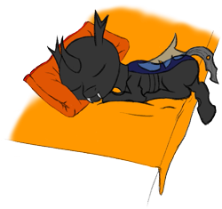 Size: 607x571 | Tagged: safe, artist:qtluna, derpibooru exclusive, changeling, bed, bedsheets, blanket, cute, cuteling, eyes closed, prone, simple background, sleeping, smiling, solo, transparent background