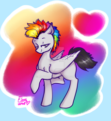 Size: 1024x1117 | Tagged: safe, artist:milkynyan, derpibooru import, oc, oc only, pegasus, pony, rainbow, smiling, solo