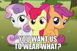 Size: 915x604 | Tagged: safe, derpibooru import, edit, edited screencap, screencap, apple bloom, scootaloo, sweetie belle, the fault in our cutie marks, adorabloom, caption, cute, cutealoo, cutie mark crusaders, diasweetes, image macro, looking at you, meme, sitting