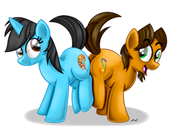 Size: 1024x768 | Tagged: safe, artist:iheartjapan789, oc, oc only, oc:alex the chubby pony, oc:andrea, earth pony, pony, unicorn, butt bump, butt to butt, butt touch, female, male, mare, simple background, stallion, transparent background