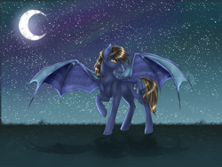 Size: 1024x768 | Tagged: safe, artist:silverbabywolf, oc, oc only, oc:steel lance, bat pony, pony, male, moon, raised hoof, solo, spread wings, stallion, stars, watermark