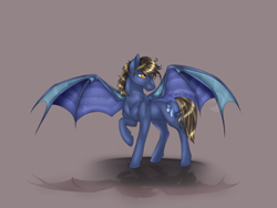 Size: 1024x768 | Tagged: safe, artist:silverbabywolf, oc, oc only, oc:steel lance, bat pony, pony, male, raised hoof, shadow, simple background, solo, spread wings, stallion, watermark