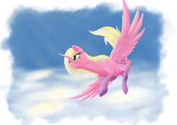 Size: 9921x7016 | Tagged: safe, artist:krynnymuffin, oc, oc only, alicorn, pony, absurd resolution, alicorn oc, cloud, flying, lineless, sky, solo