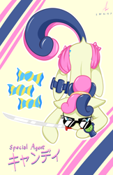 Size: 3300x5100 | Tagged: safe, artist:truffle shine, bon bon, sweetie drops, earth pony, pony, absurd resolution, candy, cutie mark, dock, food, glasses, katana, mouth hold, poster, prone, secret agent sweetie drops, signature, solo, sword, weapon