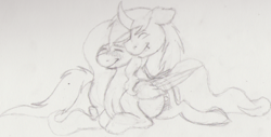 Size: 500x254 | Tagged: safe, artist:skittylover2012, oc, oc only, oc:black dove, oc:mae art, pony, couple, cuddling, cute, love, monochrome, sketch, traditional art