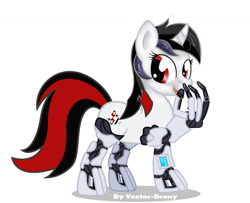 Size: 1615x1310 | Tagged: safe, derpibooru import, edit, oc, oc only, oc:blackjack, cyborg, pony, unicorn, fallout equestria, cutie mark, fanfic, fanfic art, female, hooves, horn, level 1 (project horizons), mare, needs more jpeg, open mouth, simple background, solo, white background