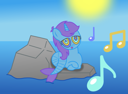 Size: 1795x1321 | Tagged: safe, artist:sny-por, derpibooru import, oc, oc only, oc:sleepy zee, mermaid, pony, siren, unicorn, digital art, hypnosis, music notes, ocean, singing, swirly eyes, transformation