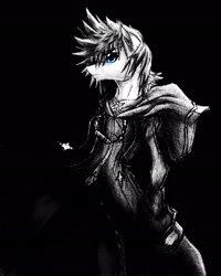 Size: 1780x2224 | Tagged: safe, artist:thatonegib, pony, semi-anthro, action pose, bipedal, black background, blue eyes, clothes, coat, kingdom hearts, kingdom hearts 358/2 days, looking at you, mixed art, mixed media, monochrome, neo noir, organization xiii, paint tool sai, partial color, ponified, roxas, simple background, solo, traditional art