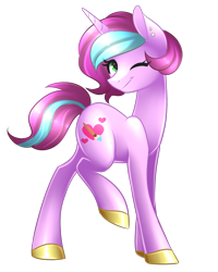 Size: 1523x1904 | Tagged: safe, artist:scarlet-spectrum, oc, oc only, oc:artsy fantasy, pony, unicorn, colored pupils, commission, ear piercing, female, green eyes, looking at you, mare, one eye closed, piercing, raised leg, simple background, smiling, solo, transparent background, wink