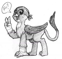 Size: 1269x1206 | Tagged: safe, artist:the-wag, gabby, griffon, grayscale, monochrome, peace sign, sketch, solo, traditional art