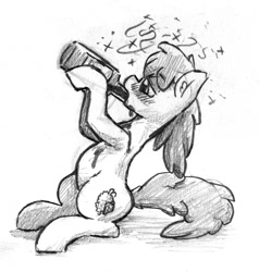 Size: 1013x1065 | Tagged: safe, artist:the-wag, berry punch, berryshine, alcohol, bottle, drinking, drunk, grayscale, monochrome, sketch, solo, traditional art, wine