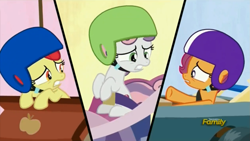 Size: 1267x713 | Tagged: safe, derpibooru import, screencap, apple bloom, scootaloo, sweetie belle, pony, the cart before the ponies, cutie mark crusaders, discovery family logo