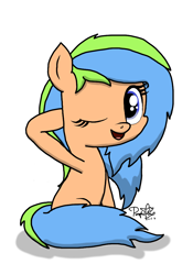 Size: 756x1080 | Tagged: safe, artist:kimjoman, oc, oc only, earth pony, pony, aggie.io, female, long mane, looking at you, mare, one eye closed, solo, wink