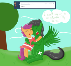 Size: 1280x1182 | Tagged: safe, artist:hummingway, scootaloo, oc, oc:feather hummingway, pegasus, pony, ask-humming-way, canon x oc, clothes, hug, scootalove, sitting, tumblr