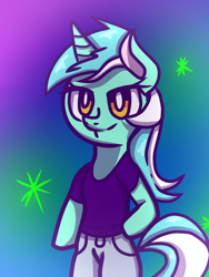 Size: 768x1024 | Tagged: safe, artist:ponliestar, lyra heartstrings, pony, unicorn, bipedal, clothes, hand on hip, pants, shirt, smiling, solo