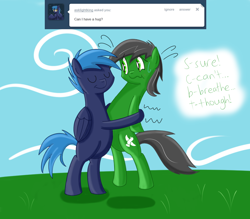 Size: 1200x1050 | Tagged: safe, artist:hummingway, oc, oc only, oc:feather hummingway, oc:lightking, pegasus, pony, ask-humming-way, bipedal, hug, tumblr